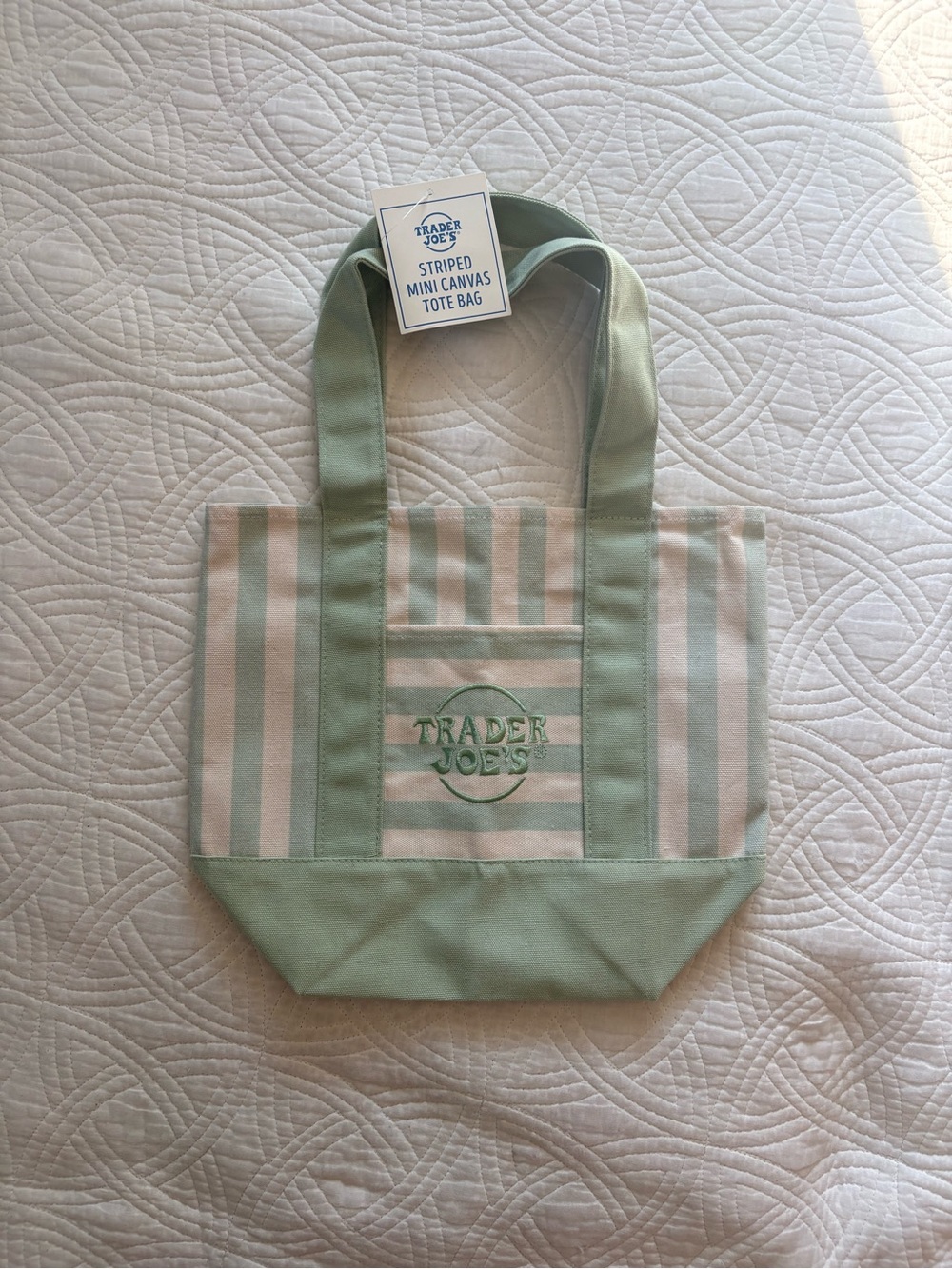Trader Joe's Green and Cream Striped Canvas Tote